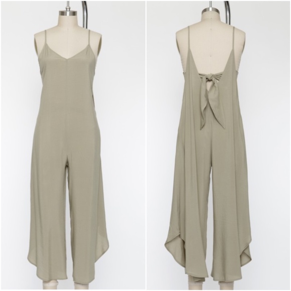 Pants - 063 Solid Back Tie Cut out Wide Leg Cami Jumpsuit